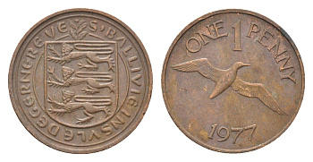 Гернси 1 пенни 1977 Елизавета II (1952-2022), северная олуша в полете KM 27 бронза 4702-752