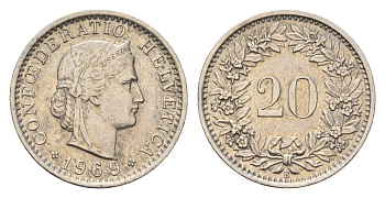 Швейцария 20 раппенов 1969 B KM 29a медно-никель 187-519