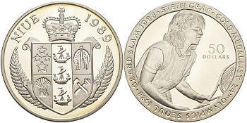 Ниуэ 50 долларов 1989 Олимпийские игры 1988 года в Сеуле 1988, Штеффи Граф, теннис KM 44 серебро PROOF 1074-5-22