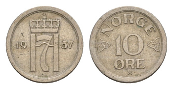 Норвегия 10 эре 1957 Хокон VII (1905-1957) KM 396 медно-никель 4632-1144