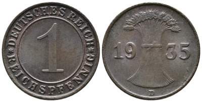 ГЕРМАНИЯ 1 РЕЙХСПФЕННИГ 1935 D KM 37, J. 313 бронза 39-1114