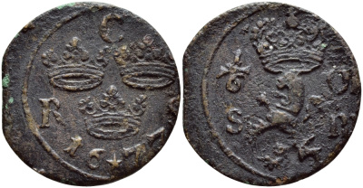 Швеция 1/6 эре 1677 Карл XI (1660-1697) KM 254 медь 4395-1057