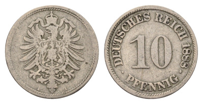 Германия 10 пфеннигов 1888 A, Вильгельм II (1888-1918) KM 4, J. 4 медно-никель 4636-542