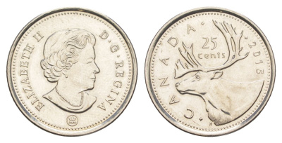 Канада 25 центов 2015 Leaf, Елизавета II (1952-2022), олень KM 2296 сталь плакированная никелем UNC 4631-735