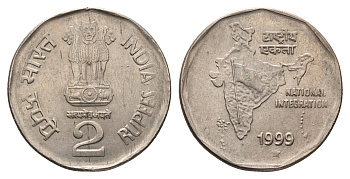 Индия 2 рупии 1999 KM 121.3 медно-никель UNC 4691-121