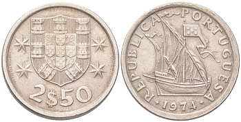 Португалия 2,5 эскудо 1974 KM 590 медно-никель aUNC 4611-924