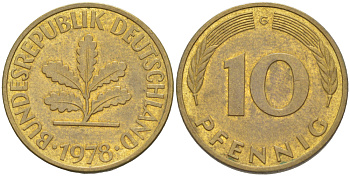 ФРГ 10 ПФЕННИГОВ 1978 G KM 108, J. 383 сталь плакированная латунью 4182-857