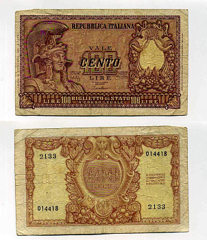 Италия 100 лир 1951 Афина в шлеме, Bolaffi, Cavallaro Pick 92 a бумага 450-82-2