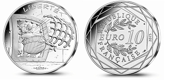 Франция 10 евро 2015 серия Астерикс и свобода, Обеликс выбивает решетку животом, в оригинальном буклете KM NEW серебро UNC 1-4-3-11