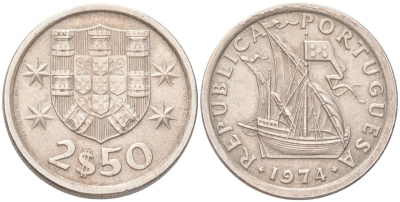 Португалия 2,5 эскудо 1974 KM 590 медно-никель aUNC 4611-924