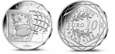Франция 10 евро 2015 серия Астерикс и свобода, Обеликс выбивает решетку животом, в оригинальном буклете KM NEW серебро UNC 1-4-3-11