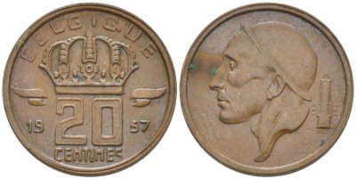 БЕЛЬГИЯ 20 САНТИМОВ 1957 BELGIQUE, БОДУЭН I (1951-1993) KM 146 бронза 116-948