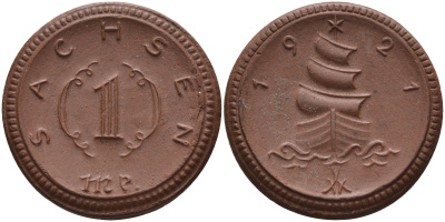 Саксония 1 марка 1921 парусник J. N 55 фарфор 1094-3-11