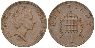 Великобритания 1 пенни 1990 Елизавета II (1952-2022) KM 935, Spink 4381 (B3) бронза 4609-527