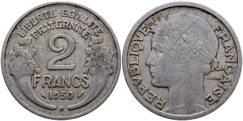 Франция 2 франка 1950 В KM 886а.2, Le Franc 269.17 алюминий 08-634