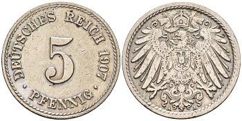 Германия 5 пфеннигов 1907 D KM 11, J. 12 медно-никель 4151-462