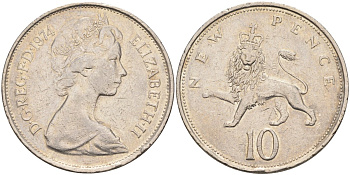 Великобритания 10 пенсов 1974 Елизавета II (1952-2022) KM 912, Spink 4231 (F1) медно-никель 189-531