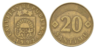 Латвия 20 сантимов 1992 KM 22.1 никель латунь 105-937