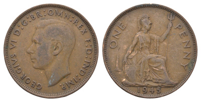 Великобритания 1 пенни 1945 Георг VI (1936-1952) KM 845, Spink 4114 бронза 4661-824