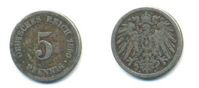 ГЕРМАНИЯ 5 ПФЕННИГОВ 1890 A, KM 11, J. 12 медно-никель 4379-337
