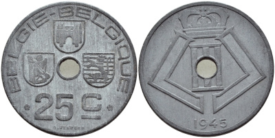 Бельгия 25 сантимов 1945 Belgie-Belgique, Леопольд III (1934-1947), германская оккупация KM 132 цинк 4395-435