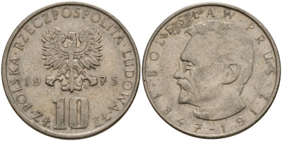 Польша 10 злотых 1975 MW, Болеслав Прус KM 73, Parchimowicz 242a медно-никель 4156-916