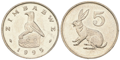 Зимбабве 5 центов 1995 рыжий кролик KM 2 медно-никель UNC 4615-1144