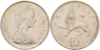 Великобритания 10 пенсов 1974 Елизавета II (1952-2022) KM 912, Spink 4231 (F1) медно-никель 189-531