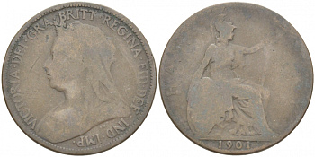 Великобритания 1/2 пенни 1901 Виктория (1837-1901) KM 789, Spink 3962 бронза 77-437