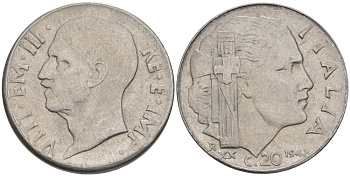 ИТАЛИЯ 20 ЧЕНТЕЗИМО 1942 R, ГОД XX, ВИКТОР ЭММАНУИЛ III (1900-1946), МАГНИТНАЯ, ГУРТ РИФЛЁНЫЙ KM 75b, VEM3. 1029 нержавеющая сталь 3853-436