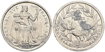 Французская Новая Каледония 2 франка 1983 птица кагу, (IEOM) KM 14, Schoen 11, Lec 63 алюминий    08-1121