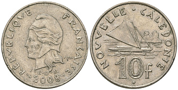 Французская Новая Каледония 10 франков 2008 рыбачья парусная лодка, (IEOM) KM 11a, Schoen 13a, Lec 99k медно-никель 60-747