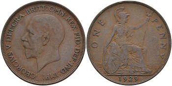 Великобритания 1 пенни 1929 Георг V (1910-1936) KM 838, Spink 4055 бронза 4144-836