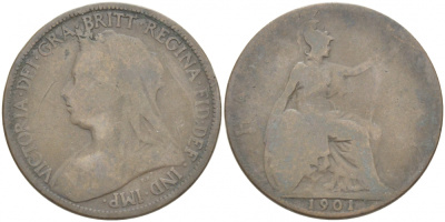 Великобритания 1/2 пенни 1901 Виктория (1837-1901) KM 789, Spink 3962 бронза 77-437