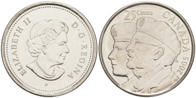Канада 25 центов 2005 год ветеранов KM 535 никелированная сталь UNC M47-11