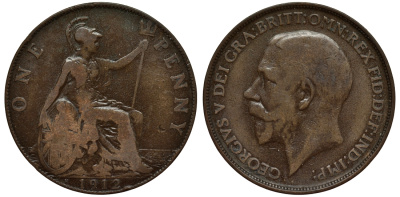 Великобритания 1 пенни 1912 H, Георг V (1910-1936) KM 810, Spink 4052 бронза 189-144