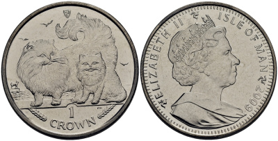 Остров Мэн 1 крона 2009 кошка-шиншилла с котенком КМ 1416 медно-никель UNC M81-01