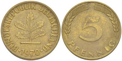 ФРГ 5 ПФЕННИГОВ 1970 D KM 107, J. 382 сталь плакированная латунью 4181-925