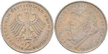 ФРГ 2 марки 1992 A, Франц Йозеф Штраус, 40 лет Федеративной Республике KM 175 медно-никель 4572-724