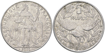 Французская Новая Каледония 5 франков 2010 птица кагу, (IEOM) KM 16, Schoen 12, Lec 81k алюминий 4111-536