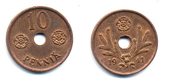 ФИНЛЯНДИЯ 10 ПЕННИ 1941 KM 33.1 медь 51-4936