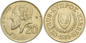 Кипр 20 центов 1993 KM 62.2 никель латунь 4140-833