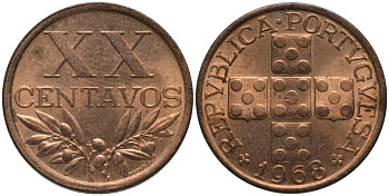 ПОРТУГАЛИЯ 20 СЕНТАВО 1968 KM 584 бронза UNC 181-343