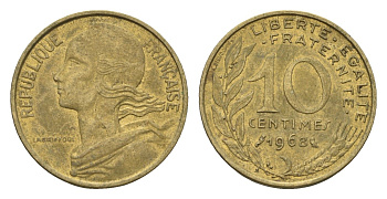 Франция 10 сантимов 1968 KM 929 алюминиевая бронза 4674-561
