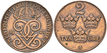 Швеция 2 эре 1923 Густав V (1907-1950), редкий год KM 778 бронза 190-855