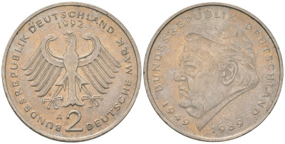 ФРГ 2 марки 1992 A, Франц Йозеф Штраус, 40 лет Федеративной Республике KM 175 медно-никель 4572-724