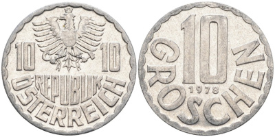 АВСТРИЯ 10 ГРОШЕЙ 1978 КМ 2878 алюминий 4573-237