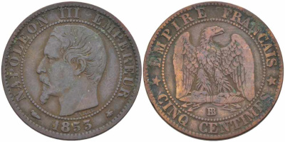 Франция 5 сантимов 1853 BB, Наполеон III (1852-1870) KM 777.3, LE FRANC 116.3 бронза 108-245