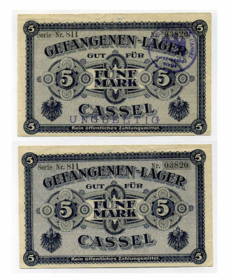 Германия 5 марок ND лагерь военнопленных в Касселе, печати недействительно и Кассель C-2788 бумага aUNC 504-48-3-1
