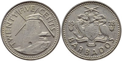 Барбадос 25 центов 1978 ветряная мельница Моргана Льюиса KM 13 медно-никель 4398-354